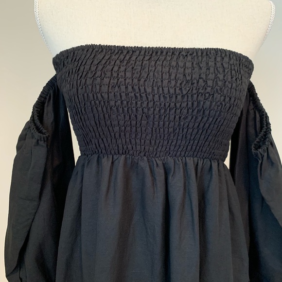 Linen Smocked Long sleeve nap lounge dress Black 🌹 - Picture 10 of 11